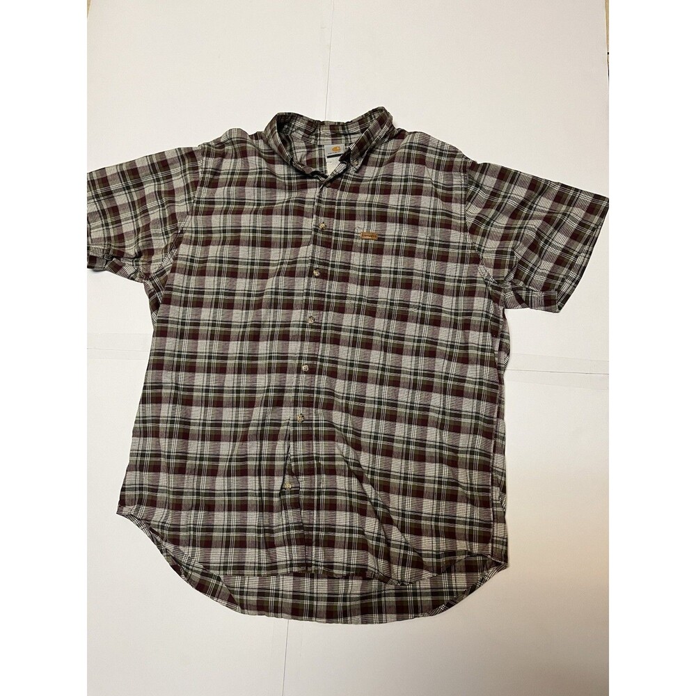 Carhartt Men’s XL Short Sleeve Plaid Button Up Work Shirt Burgundy Green